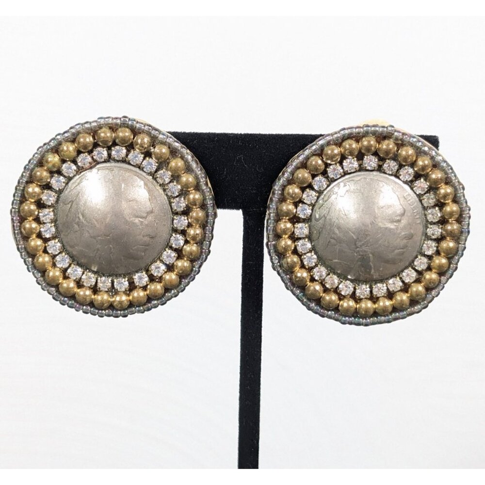 Mary B Solana‎ Beach Coin Earrings Buffalo Nickel Beaded Edge Western VTG Boho